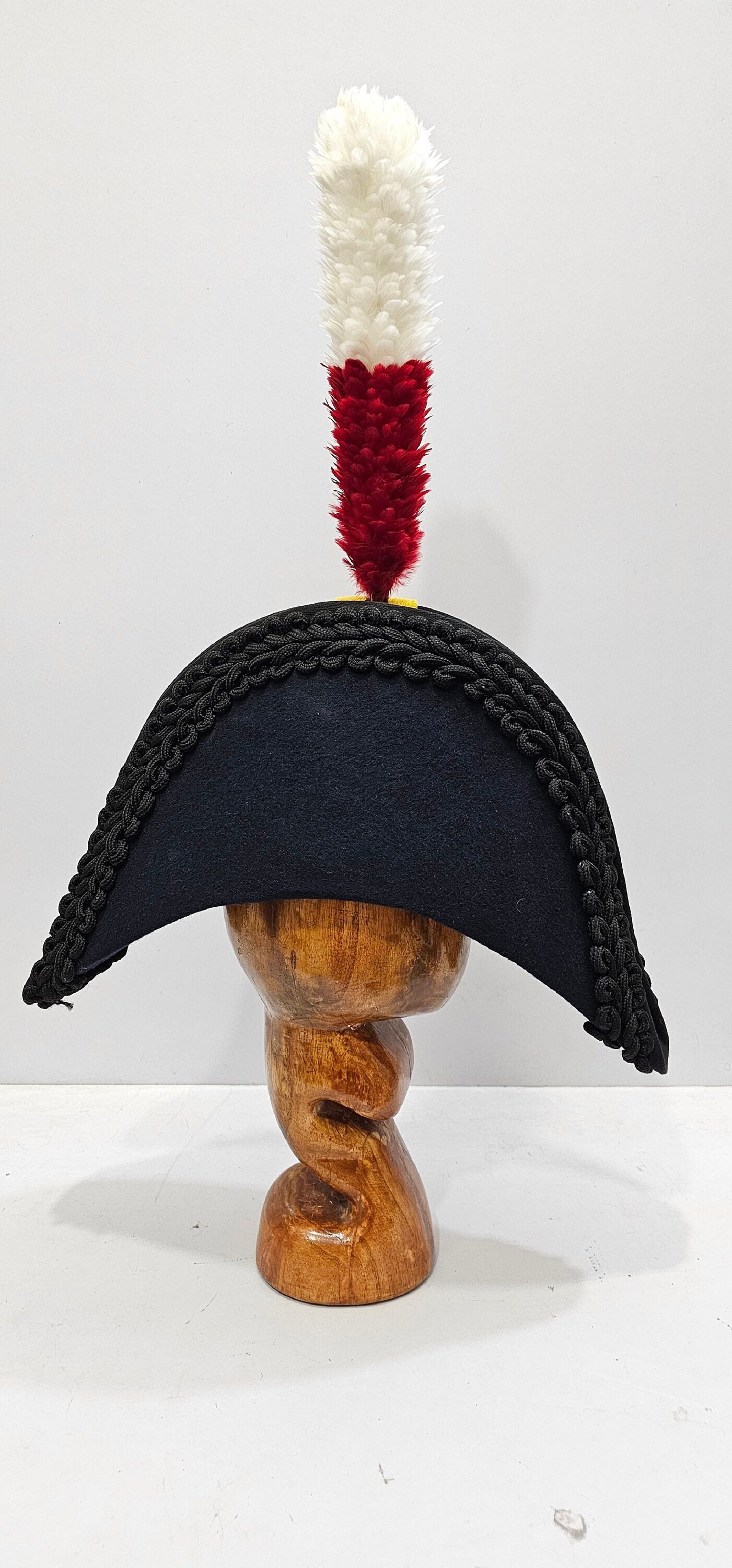 Napoleon Bicorne Hat: Black Felt, Red & White Plume