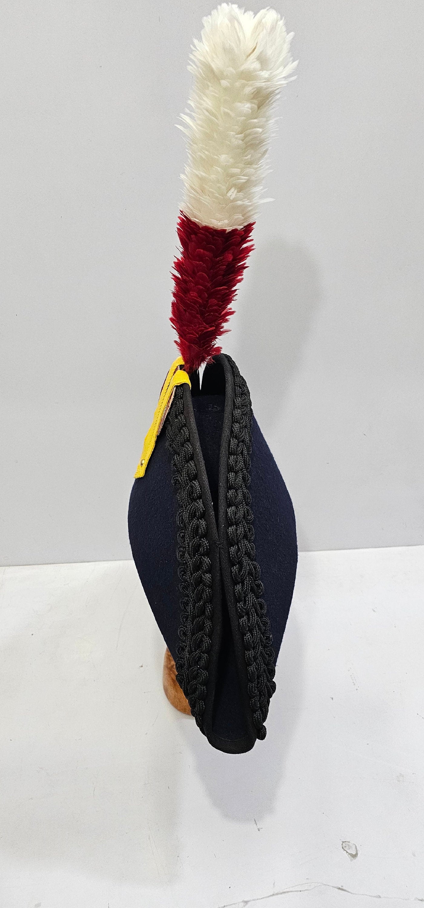 Napoleon Bicorne Hat: Black Felt, Red & White Plume