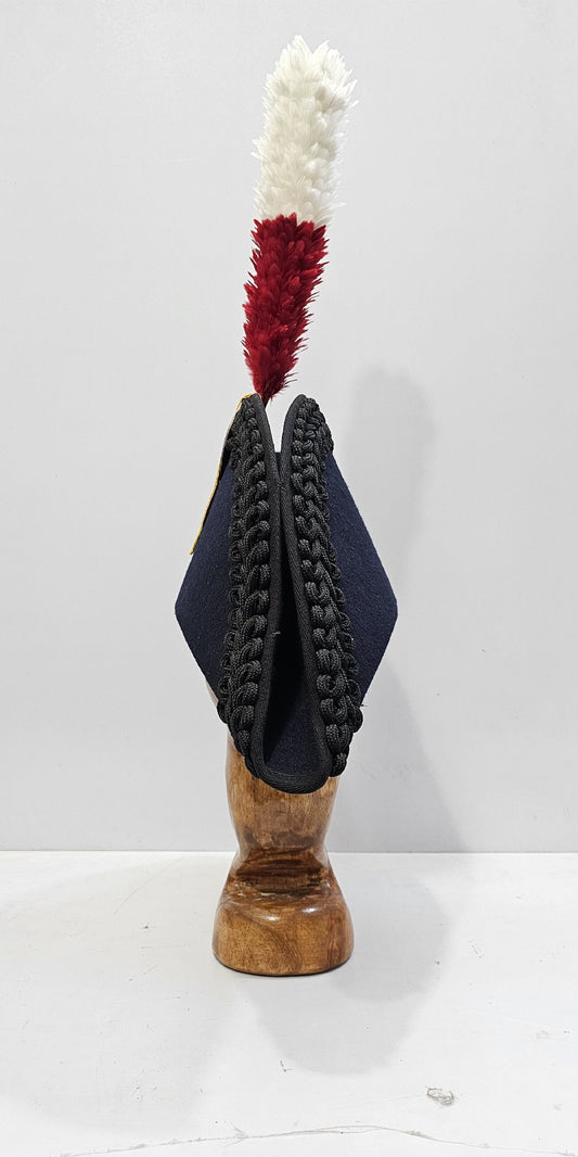 Napoleon Bicorne Hat: Black Felt, Red & White Plume