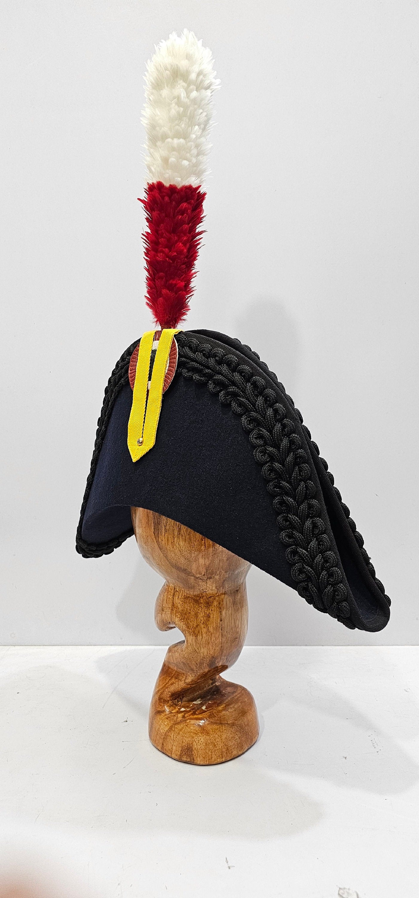 Napoleon Bicorne Hat: Black Felt, Red & White Plume
