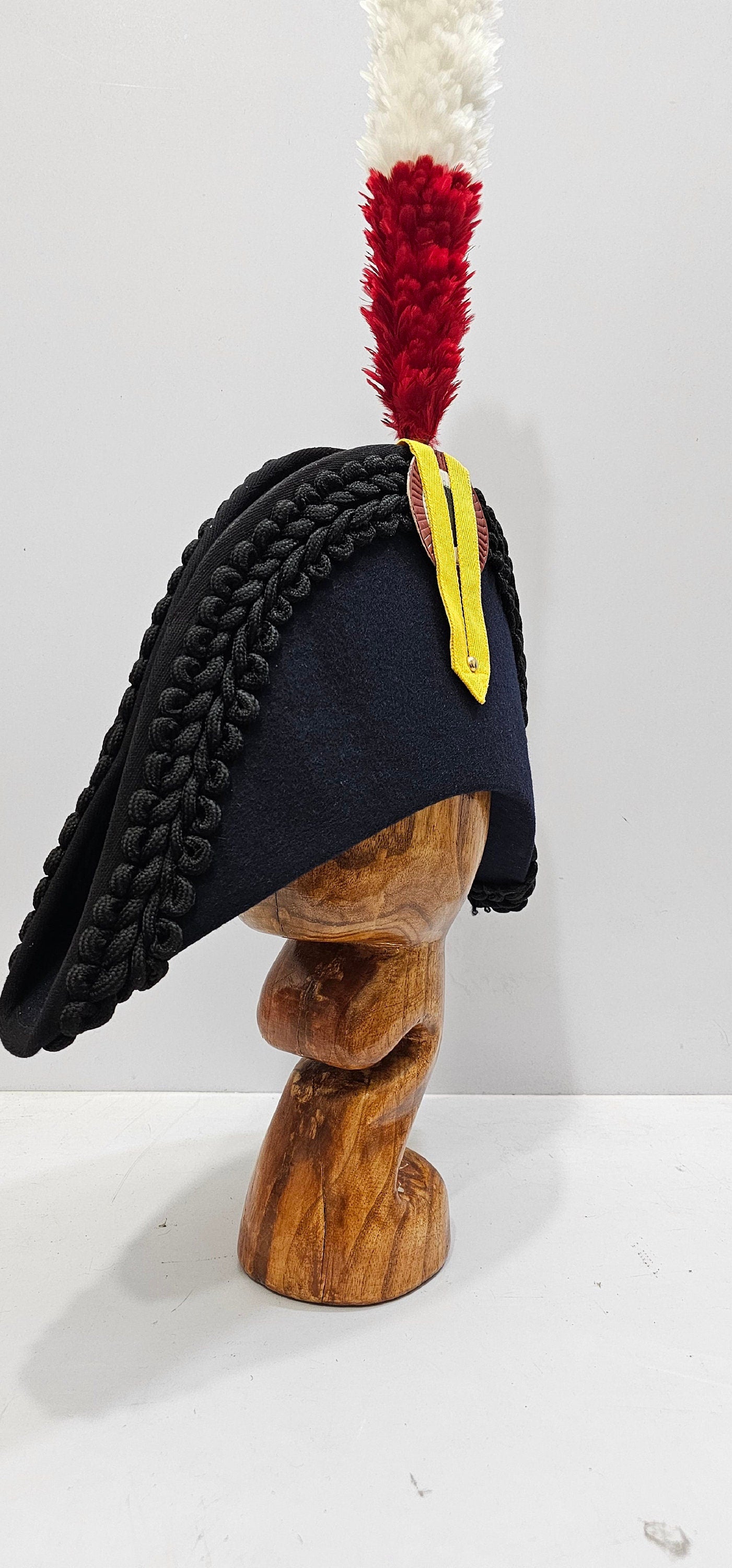Napoleon Bicorne Hat: Black Felt, Red & White Plume