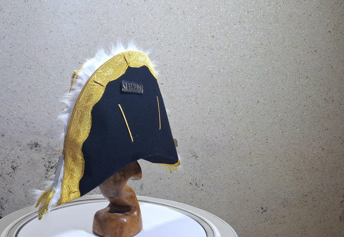 Napoleon Bicorne Hat: Gold Trim, Feather Boa, Red White Blue Cockade