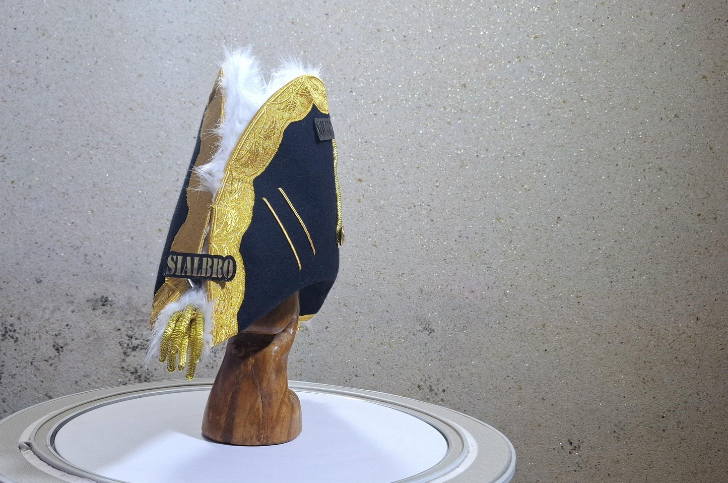 Napoleon Bicorne Hat: Gold Trim, Feather Boa, Red White Blue Cockade