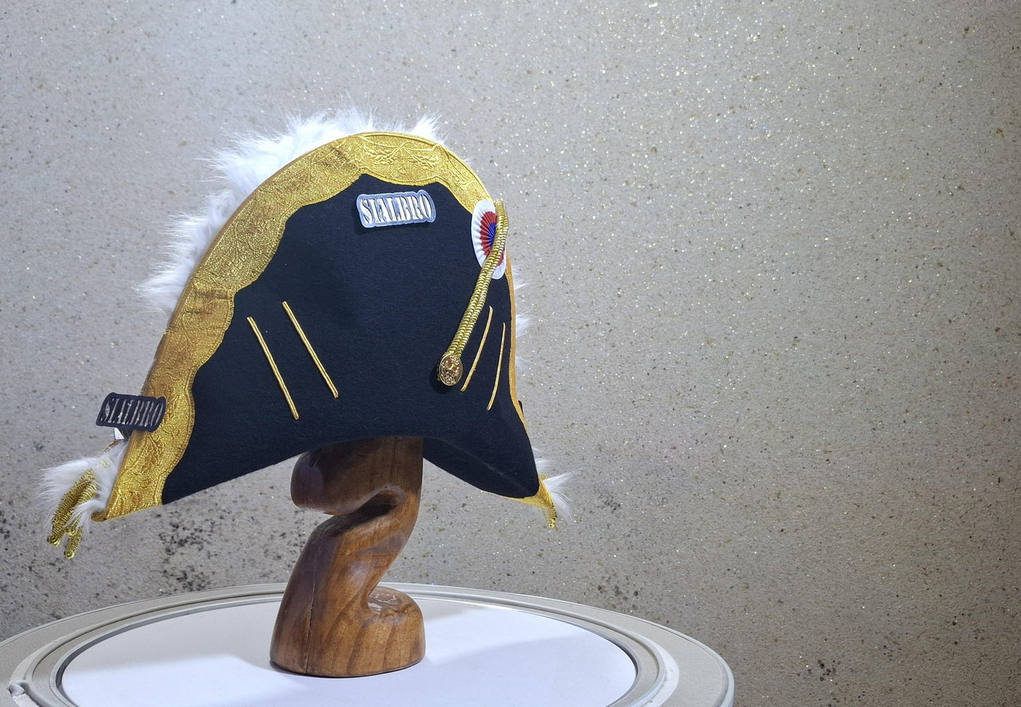 Napoleon Bicorne Hat: Gold Trim, Feather Boa, Red White Blue Cockade