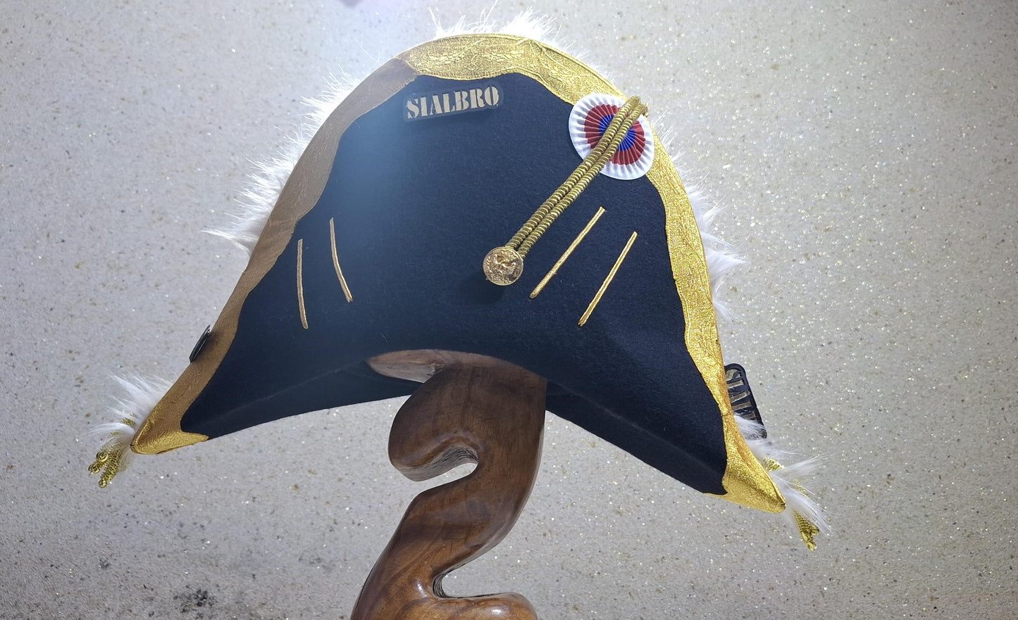 Napoleon Bicorne Hat: Gold Trim, Feather Boa, Red White Blue Cockade