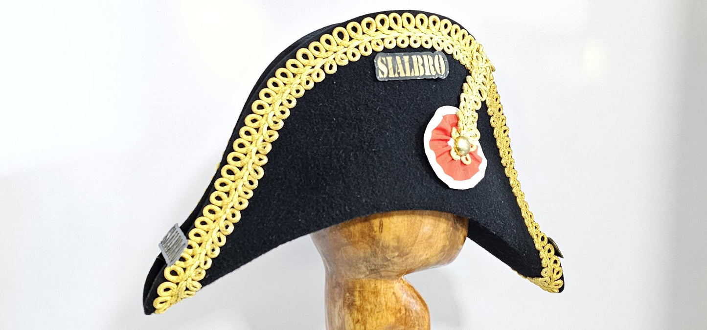 Napoleon Bicorne Hat: Black Felt with Gold Braid Trim